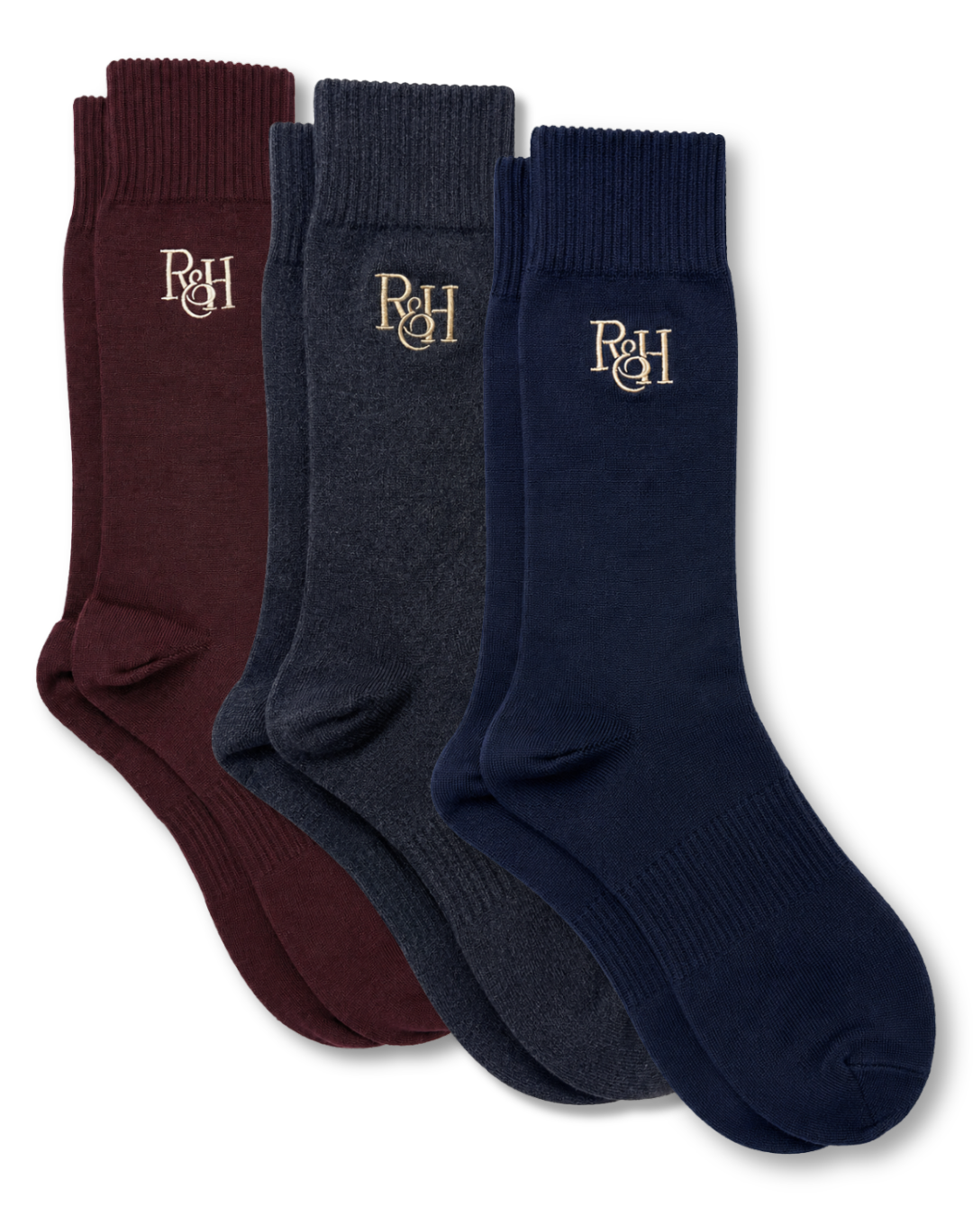 Burgundy, grey, and navy merino wool socks