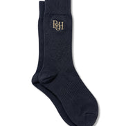 Navy sock with a logo on a white background