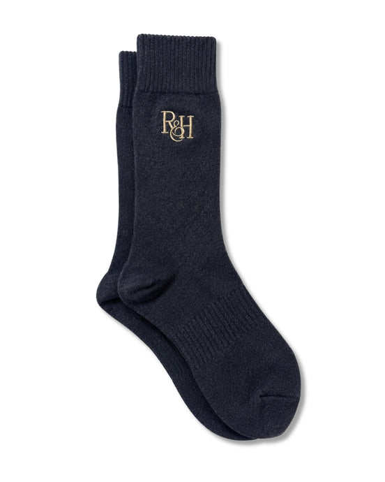 Navy sock with a logo on a white background