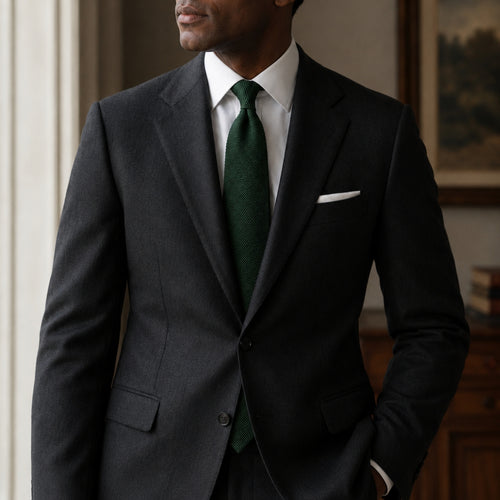 Man wearing a dark suit with a green tie indoors