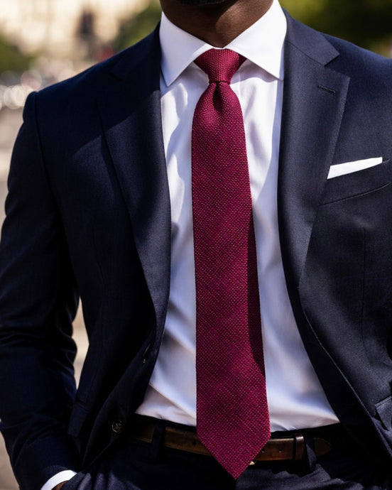 Man wearing a dark suit with a white shirt and red tie.