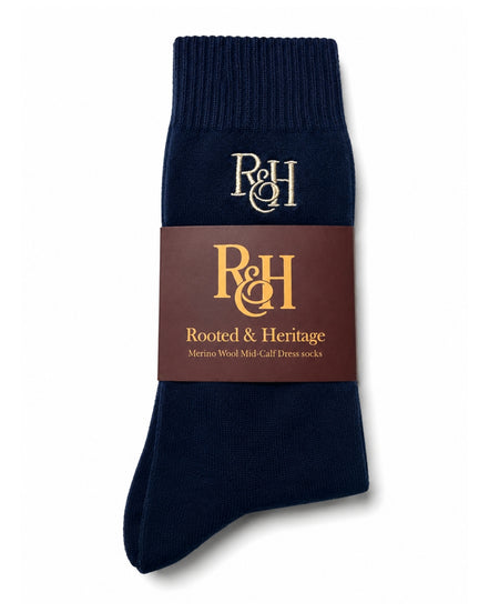 navy crew socks packaged in burgundy material