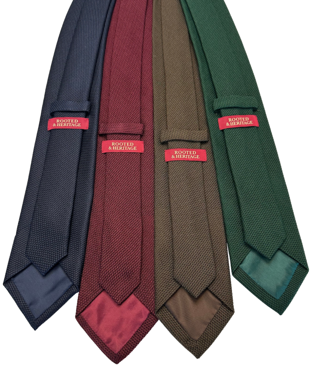 Navy, burgundy, brown, and green silk grenadine ties