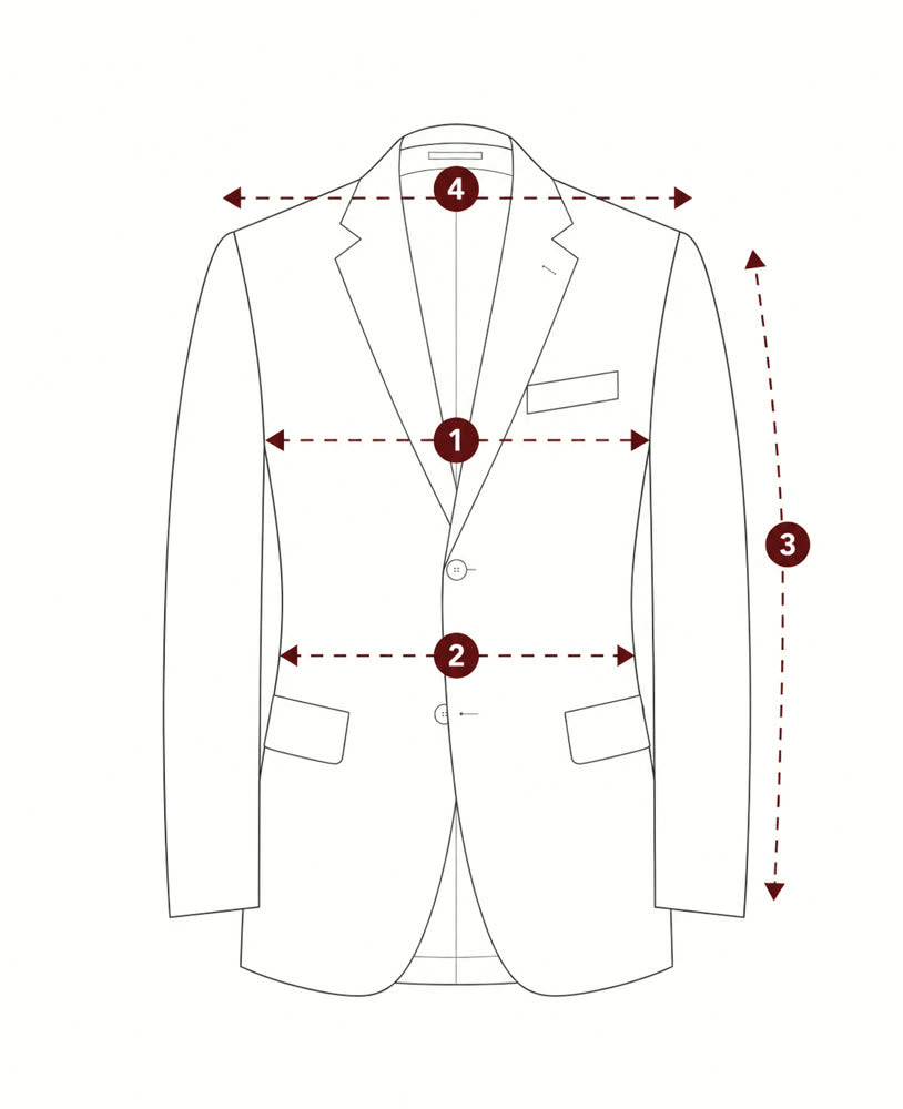 Sport coat with numbered measurement points: 1 chest, 2 waist, 3 sleeve length, 4 shoulder width